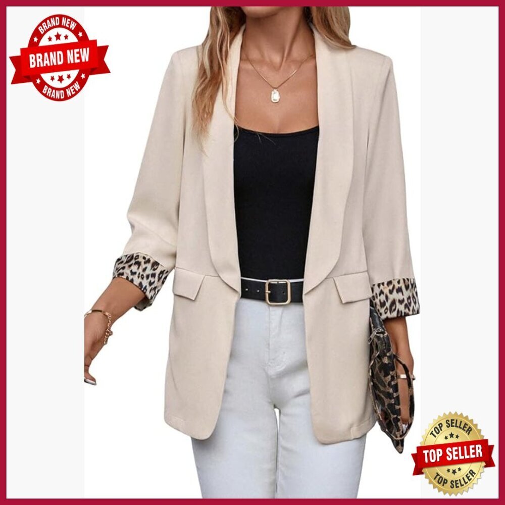 Leopard Print Shawl Collar 3/4 Sleeve Open Front Blazer Jacket